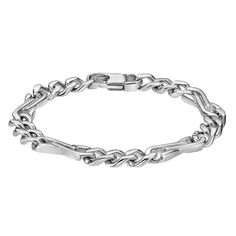 Add a stylish new element to your daily look with this LYNX men's curb chain bracelet. Add a stylish new element to your daily look with this LYNX men's curb chain bracelet.  Metal: stainless steel Length: 8.5 in. Chain width: 9 mm Packaging: pouch Finish: polished Chain type: fancy curb Size: 8.50. Color: White. Gender: male. Age Group: adult. Modern Bracelet With Curb Chain And Oval Links, Modern Bracelets With Rectangular Figaro Chain Links, Modern Cuban Link Chain Bracelet, Modern Curb Chain Link Bracelet, Modern Figaro Chain Bracelet, Modern Link Bracelets With Figaro Chain, Modern Figaro Chain Link Bracelet, Modern Figaro Chain Bracelets, Modern Metal Chain Bracelet With Curb Chain