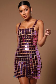 FeaturesMirror Mini DressSleevelessBacklessBack Clasp Closure85% Acrylic 15% Rust Free Size Metallic Dresses, Purple Mirror, Mini Dress Fashion, Purple Mini Dresses, Sequin Mini, Boho Maxi Dress, Sequin Mini Dress, Purple Fashion, Cardigan Tops