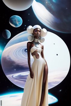 a woman in a white dress standing next to planets