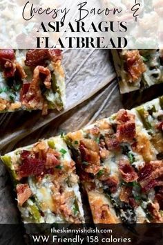 cheesy bacon and asparagus flatbread with text overlay