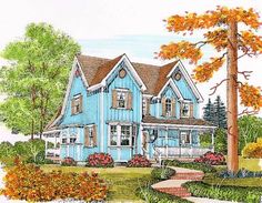 this is an artist's rendering of a blue house in the country side yard