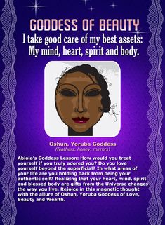 an advertisement with the words goddess of beauty in purple and white text on a blue background