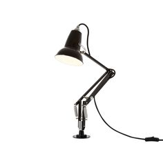 a black desk lamp with a white light on the top and one arm extended to it