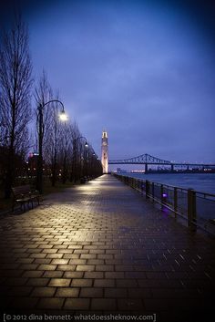 the walkway is lit up at night by street lamps and lights that are on either side of it