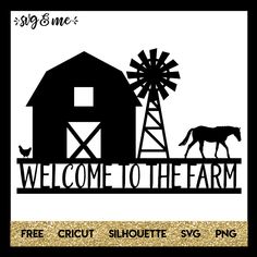 a sign that says welcome to the farm with a horse and barn in the background