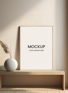 a mock up poster on a shelf next to a vase