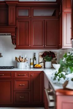 Brighten Up Your Cherry Cabinet Kitchen Easily! Cherrywood Cabinet Kitchen Modern, Cherry Wood Cabinets With White Granite, Cherry Cabinets Hardware, Cherry Kitchen Cabinets Makeover, Cherry Wood Kitchen, Cherry Kitchen Cabinets