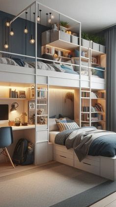 Maximize a small space with a loft bed and built-in desk. Perfect for sleep, study, and play.	loft bed small room, boys bedroom study area	#CompactCommandCenter #LoftBedDesign #StudyPlaySleep Small Study Bedroom Ideas, Loft Bed Small Room, Bed Placement Ideas, Boys Loft Bedroom, Play Loft, Annex Ideas, Kids Room Bunk Beds