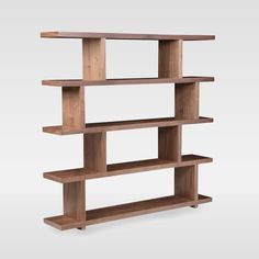 a wooden shelf with three shelves on each side