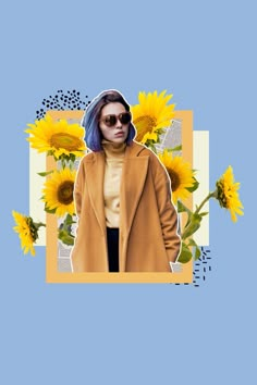 a woman with sunflowers in the background and a photo of her wearing sunglasses