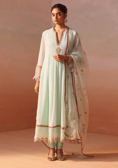 Aqua Green Anarkali Suit Set by Nitika Gujral, available on Indiaspopup.com Green Anarkali Suits, Green Anarkali, Georgette Anarkali, Ethnic Suit, Zardozi Embroidery, Indian Clothes, Organza Dupatta, Anarkali Suit, Formal Suits