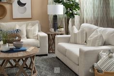 a living room with two couches and a coffee table in front of a window