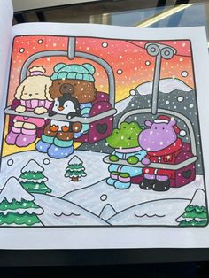 a coloring book with an image of some cartoon characters in the snow, and one is holding a teddy bear