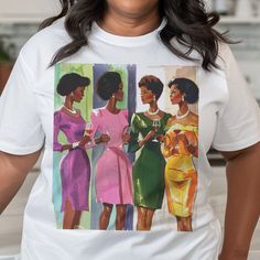 This adult unisex shirt features a vintage-style sketch illustration of four black women at a cocktail event. Inspired by classy ladies and melanin beauties, this tee pays homage to timeless sophistication and grace. Crafted from 100% soft cotton, this shirt fits like a well-loved favorite, offering unparalleled comfort for every occasion. The quality print and soft fabric ensure that you'll fall in love with it over and over again. The ribbed knit collars bolster shaping, while the tapered shou Chic Graphic Print Tops For Party, Fitted Graphic T-shirt For Night Out, Fitted Graphic Print T-shirt For Party, Chic Graphic Print T-shirt For Night Out, Vintage Short Sleeve Party T-shirt, Fitted Party Shirt With Graphic Print, Trendy Graphic Print Party Shirt, Vintage Cotton T-shirt For Party, Chic Fitted Graphic Print T-shirt