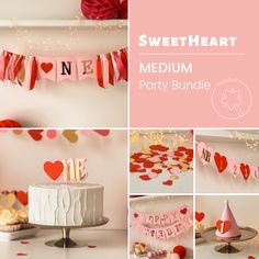 there is a collage of photos with hearts on the cake and other items in the background