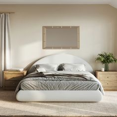 a bedroom with a bed, nightstands and plants on the side table in front of it