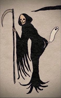 a black and white drawing of a skeleton holding a scythe