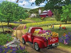 a painting of a red truck with flowers in the bed is parked on a dirt road