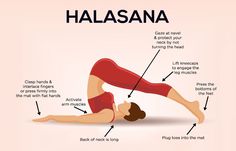 a woman doing yoga poses with the words halasana in english and an image of her