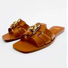 Beautiful Tan Brown Sandal, With Gold Chain Detail Chic Sandals With Chain Strap For Vacation, Chic Vacation Sandals With Chain Strap, Chic Chain Sandals For Spring, Chic Open Toe Sandals With Chain Detail, Flat Sandals With Chain Strap For Beach, Chic Beach Sandals With Chain Strap, Chic Chain Sandals For Summer, Chic Summer Sandals With Chain Detail, Chic Summer Sandals With Chain