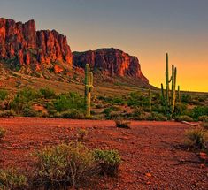 the sun is setting in the desert with mountains and cactuses behind it, as seen from across the valley