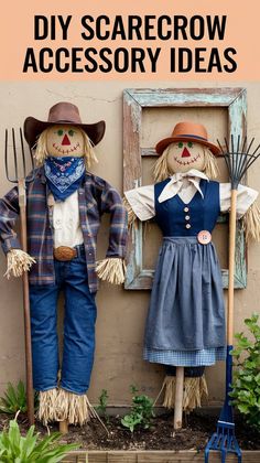 two scarecrows are standing next to an old window with the words diy scarecrow accessory ideas