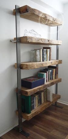 the bookshelf is made out of wood and metal