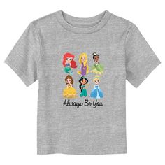 No need for your kids to pick a favorite princess anymore! They can celebrate all their beloved characters with the officially licensed Toddlers' Disney Chibi Princesses Always Be You Graphic T-Shirt! This unique design features chibi versions of Ariel, Rapunzel, Tiana, Belle, Jasmine, and Cinderella along with the empowering message: "Always Be You" written below them. Surprise your little ones with something cute today with this new apparel, an ideal pick for Disney fans of all ages! Cute Character Print T-shirt For Disney Fan Events, Disney Chibi, Marvel Retro, Disney With A Toddler, All Disney Princesses, Girls Support Girls, Princess Cartoon, Graphic Tee Design, Toddler Boy Outfits