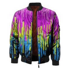 Dripping Paint Bomber Jacket Multicolor Graffiti Print Outerwear For Streetwear, Multicolor Graffiti Print Winter Outerwear, Urban Multicolor Outerwear For Streetwear, Multicolor Urban Outerwear For Streetwear, Multicolor Graphic Print Outerwear For Streetwear, Urban Multicolor Outerwear With Graphic Print, Multicolor Graphic Print Urban Outerwear, Dripping Paint, Paint Design