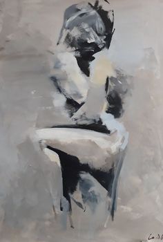 an abstract painting of a woman sitting on a chair with her hands behind her back