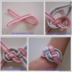 four pictures showing how to make an origami bracelet