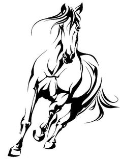 a black and white drawing of a running horse