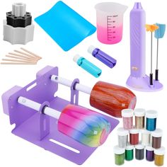 various crafting supplies are arranged on a white background