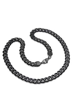 A heavy curb chain necklace is cast in durable ion plated stainless steel. 24" length; 3/8" width Lobster clasp closure Stainless steel with ionic plating Imported Black Necklace For Men, Black Cuban Link Curb Chain Jewelry, Black Cuban Link Jewelry With Curb Chain, Black Cuban Link Chain Necklace Gift, Black Metal Curb Chain Necklace, Black Curb Chain Link Necklace, Gunmetal Link Jewelry With Curb Chain, Black Cuban Link Jewelry With Box Chain, Black Cuban Link Chain Necklace