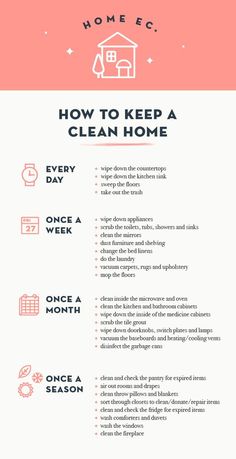 a pink and white poster with the words how to keep a clean home on it