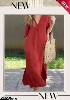 Showy Red Plain 3/4 Sleeve Maxi Dress Casual 3/4 Sleeve Maxi Dress For Beach, Solid Color Summer Dresses With 3/4 Sleeves, Summer Dresses With 3/4 Sleeves In Solid Color, Solid Color Half Sleeve Dress For Beach, Casual Half Sleeve Maxi Dress For Fall, Casual Solid Color Dresses With 3/4 Sleeves, Casual Solid Color 3/4 Sleeve Dress, Casual Solid Color Dress With 3/4 Sleeves, Red Half Sleeve Summer Dress