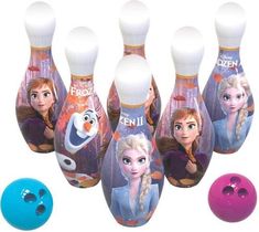 the frozen princess bowling pins are lined up next to each other