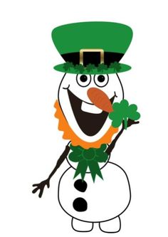 a cartoon snowman wearing a green hat and holding a carrot