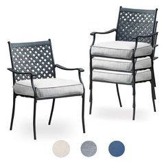 two chairs with white cushions and four different color swatches on the same chair side by side