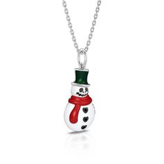 Chic and adorable, this fun snowman necklace embodies the spirit of the upcoming season. The design is inspired by the "Pumpkin King" - a character and the main protagonist of the famous Halloween film. Crafted in sterling silver, this necklace showcases the "Pumpkin King" with a green hat and red scarf. You will instantly fall in love with this cute design.Carat Weight: 0.075 ctStone Size: 1 mmStone Type: Jeulia® StoneNumber of Stones: 3 Stone Color: Fancy BlackStone Shape: RoundWeight: 3.85 gWidth: 12 mmHeight: 23 mmThickness: 5 mmMaterial: 925 SilverPlating Color: Silver, BlackLength: 450 mmChain Color: Silver Christmas Novelty Silver Jewelry, Snowman Necklace, Frosty Snowman, Christmas Pumpkins, The Pumpkin King, Halloween Film, Pumpkin King, Green Hat, Red Scarf