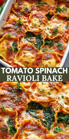 a casserole dish with tomato spinach and ravioli bake