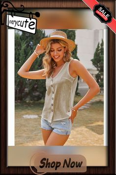 Apricot V Neck Button Sleeveless Tank Tops Summer V-neck Tank Top With Button Closure, Sleeveless Buttoned Tank Top For Beach, Sleeveless Tops With Buttons For Vacation, Sleeveless Buttoned Top For Vacation, Summer Denim Vest With Buttons, Sleeveless Summer Tops With Buttons, Buttoned Sleeveless Tank Top For Summer, Buttoned Sleeveless Blouse Tank Top For Summer, Summer Beach Tank Top With Buttons