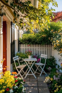 an outdoor table and chairs in front of a white picket fence with flowers on it