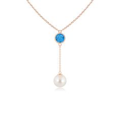 This 14k rose gold lariat style necklace draws the eye with its simple elegance. It features a Freshwater cultured pearl that is linked to a stunning bezel-set Swiss blue topaz, forming a long drop design. Necklace Drawing, Lariat Style Necklace, Drop Design, Swiss Blue Topaz, South Sea Pearls, Simple Elegance, Style Necklace, London Blue Topaz, Lariat Necklace