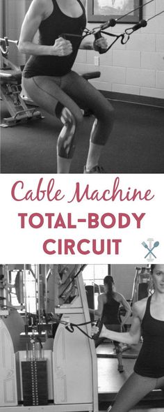 a woman is doing an exercise on a rowing machine with the words cable machine total - body circuit