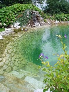 a small pond surrounded by rocks and water features a waterfall in the middle, with purple flowers on either side