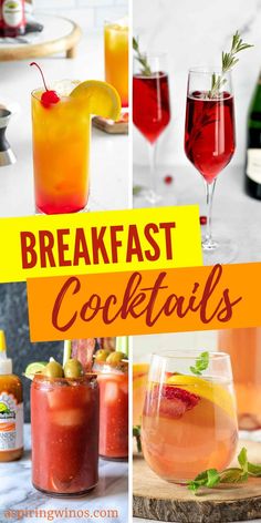 different types of cocktails with the words breakfast cocktails on top and below them