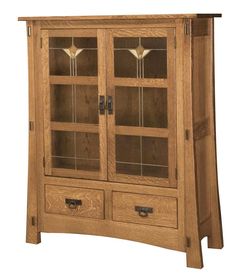 a wooden cabinet with glass doors and drawers