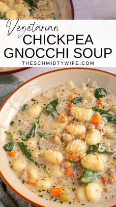 two bowls filled with chicken gnocchini soup and garnished with spinach