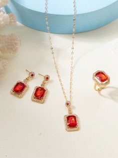 4pcs Set Minimalist Design Sparkling Cubic Zirconia Square Stud Earrings, Necklace, Earrings And Ring Jewelry Set For Women Red Fashionable        Women Fashion Jewelry, size features are:Bust: ,Length: ,Sleeve Length: Cheap Everyday Red Jewelry, Everyday Cheap Red Jewelry, Elegant Red Square Jewelry, Elegant Red Multi-stone Jewelry, Red Multi-stone Cubic Zirconia Jewelry, Square Earrings Studs, Square Stud, Crystal Beads Bracelet, Rhinestone Heart